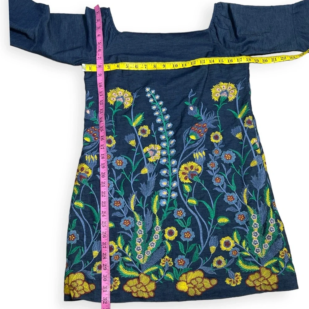 Alice + Olivia Embroidered Off-Shoulder Chambray Mini Dress Floral Blue Size S - Picture 6 of 10